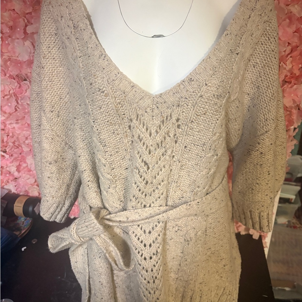 Beige V-Neck Cable Knit Women's Sweater with Waist Tie